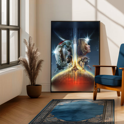 Starfield Key Art poster framed beside a blue armchair in a sunlit room