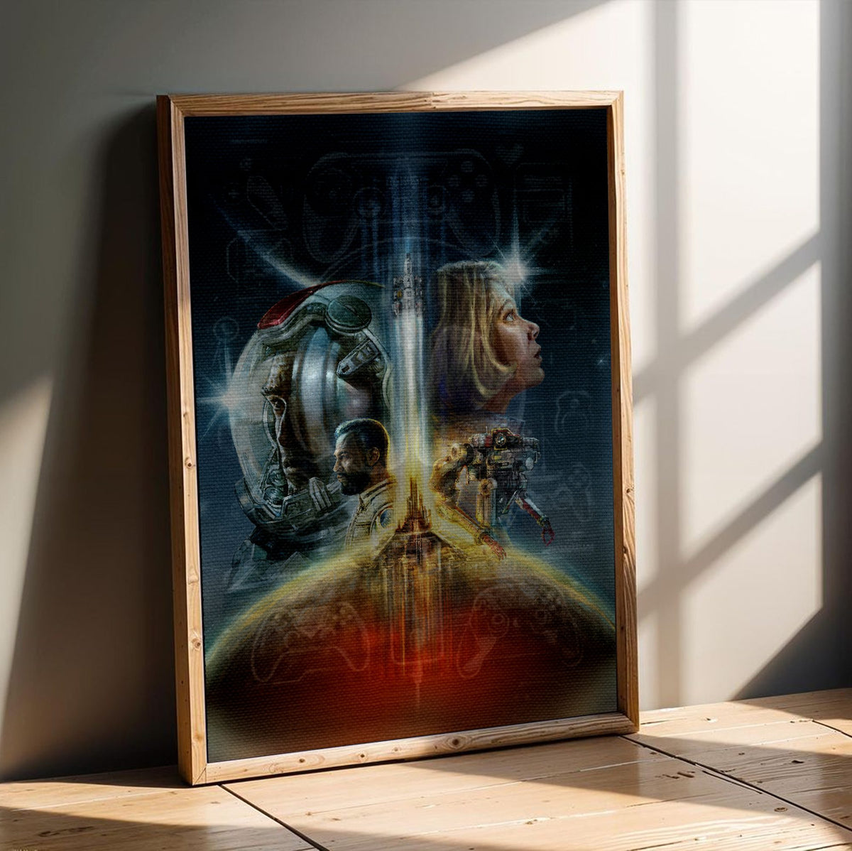 Starfield Key Art poster in an oak frame leaning on a wooden floor