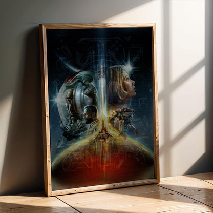 Starfield Key Art poster in an oak frame leaning on a wooden floor