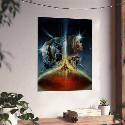 Starfield Key Art poster unframed on a white wall above a desk