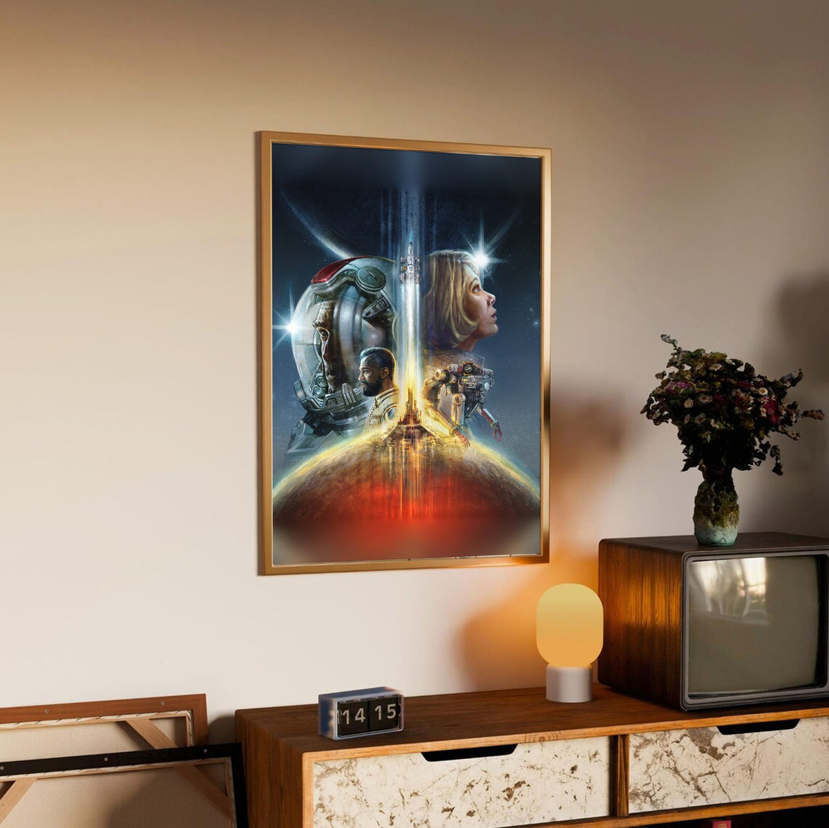 Starfield Key Art poster in an oak frame above a sideboard
