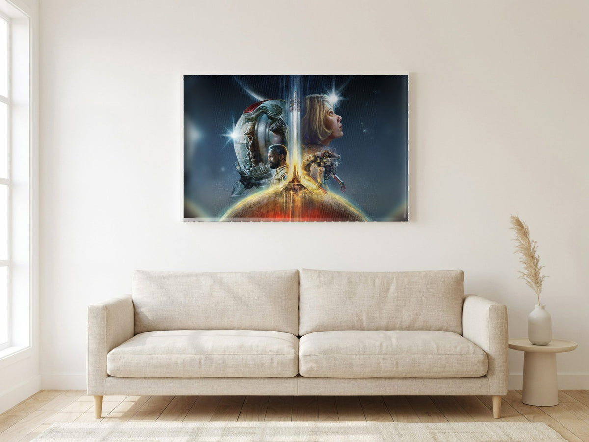 Starfield Key Art poster in a white frame in a living room