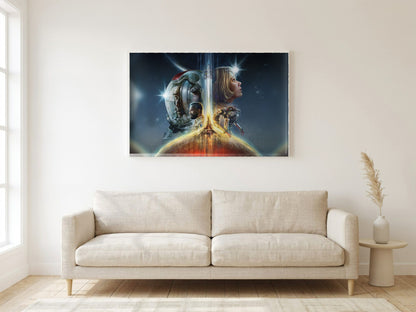 Starfield Key Art poster in a white frame in a living room