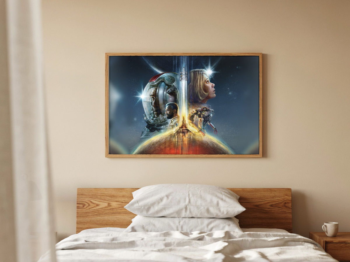 Starfield Key Art poster in a natural oak frame in a bedroom