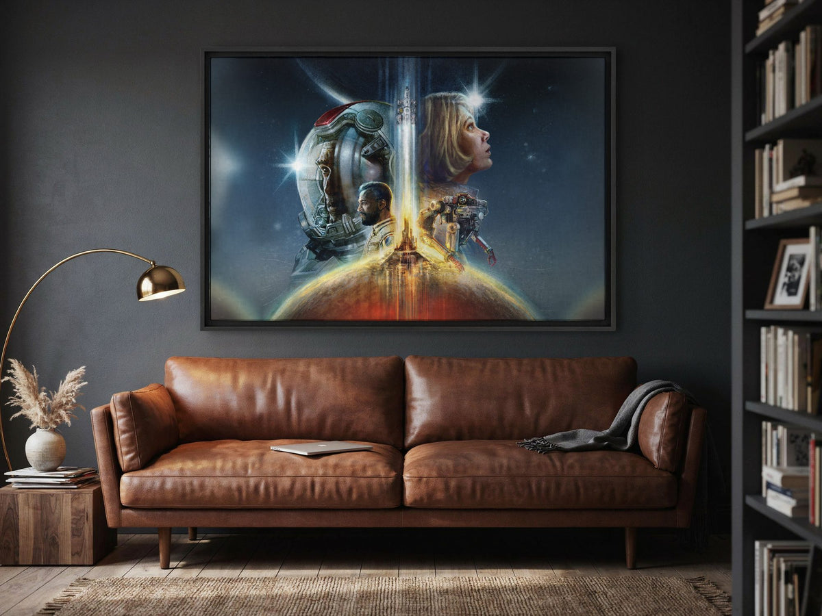 Starfield Key Art as a black floater framed canvas in a media room