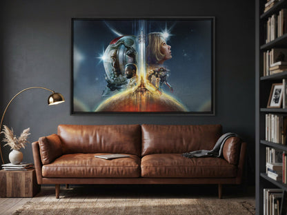 Starfield Key Art as a black floater framed canvas in a media room