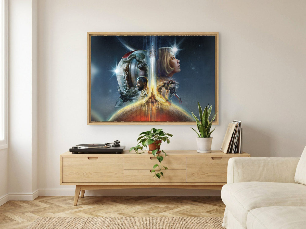 Starfield Key Art as an oak floater framed canvas in a Scandinavian lounge