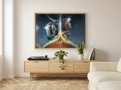 Starfield Key Art as an oak floater framed canvas in a Scandinavian lounge