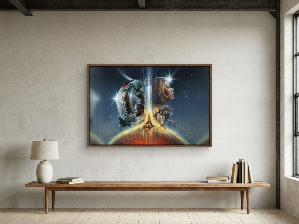 Starfield Key Art as a walnut floater framed canvas in a loft