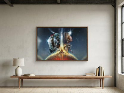 Starfield Key Art as a walnut floater framed canvas in a loft