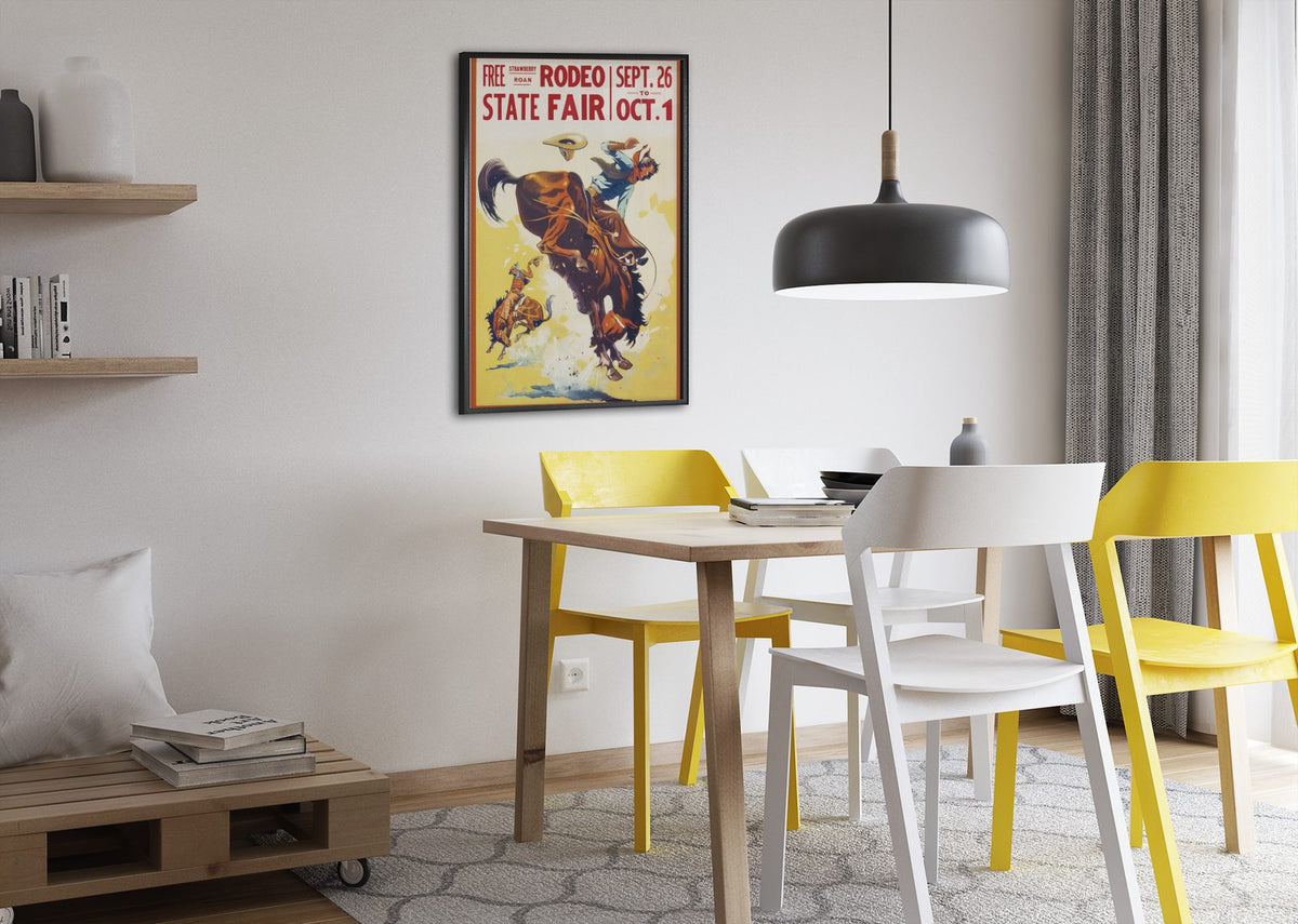 State Fair Rodeo Bronc Rider poster framed above a dining table