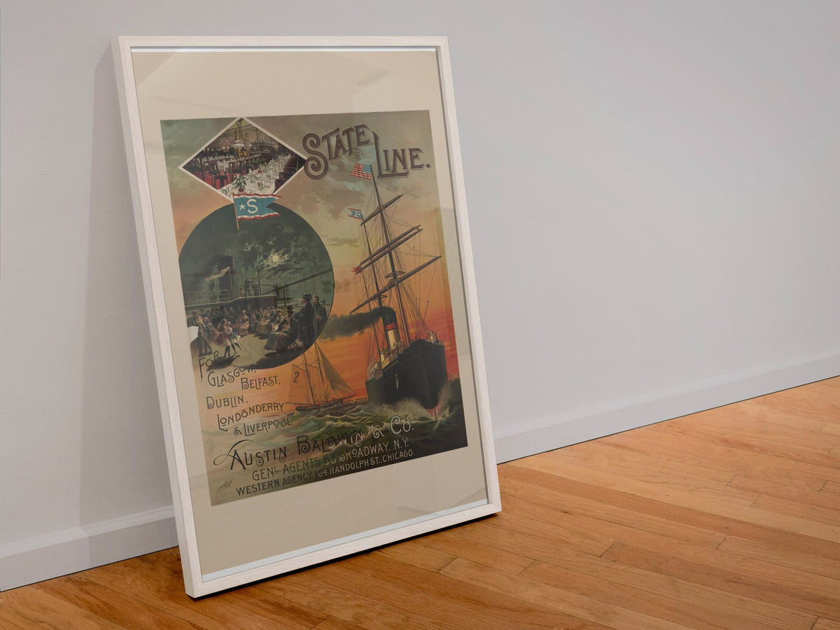State Line Steamship to Europe poster in a white frame leaning against a wall