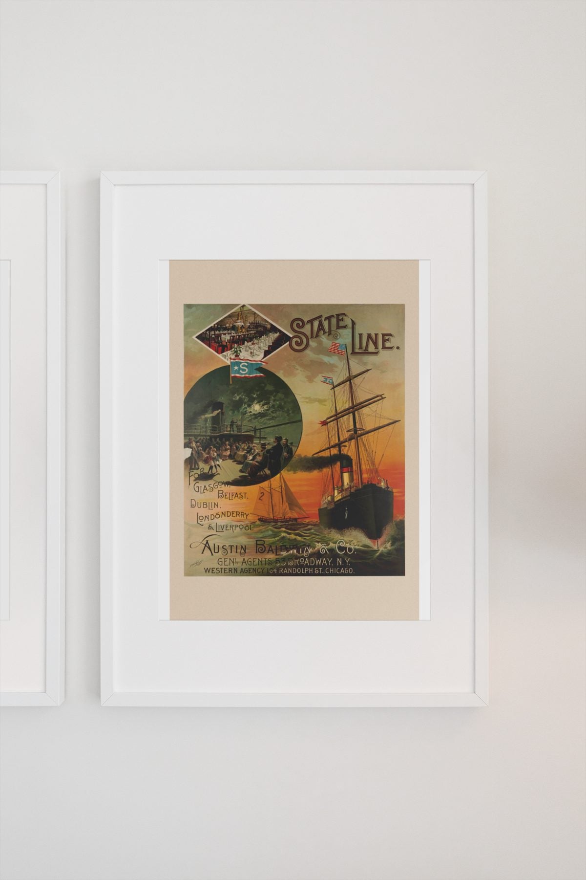 State Line Steamship to Europe poster on a light wall