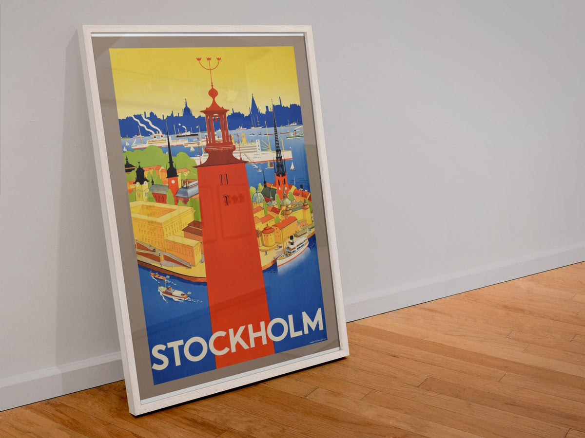 Stockholm Sweden poster in a white frame leaning against a wall