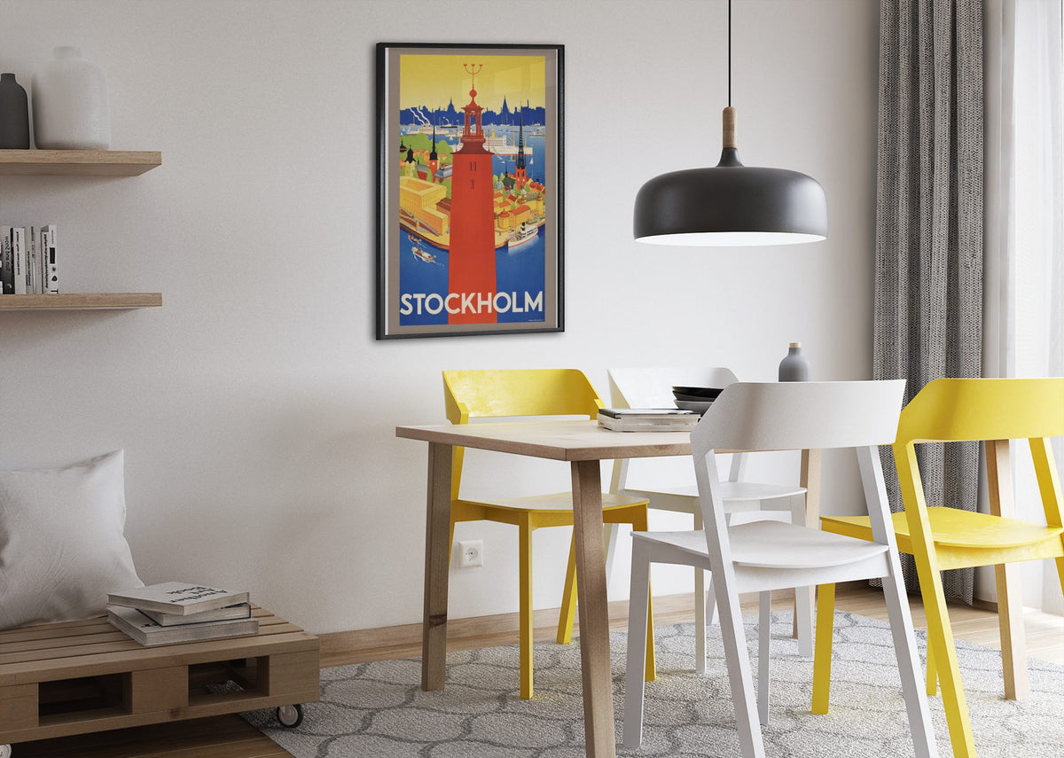Stockholm Sweden poster framed above a dining table