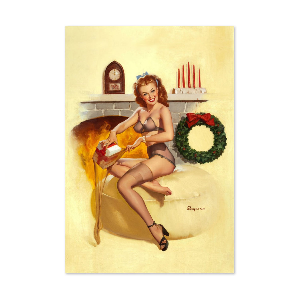 Stocking Stuffer by Gil Elvgren, pin-up poster — framed print