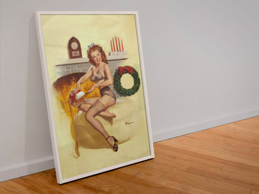 Stocking Stuffer by Gil Elvgren, pin-up poster — leaning frame