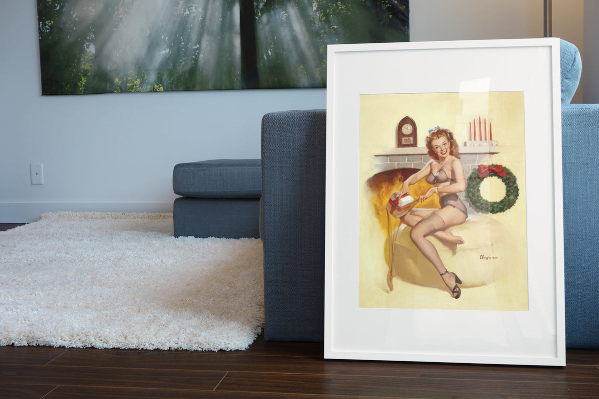 Stocking Stuffer by Gil Elvgren, pin-up poster — living room wall