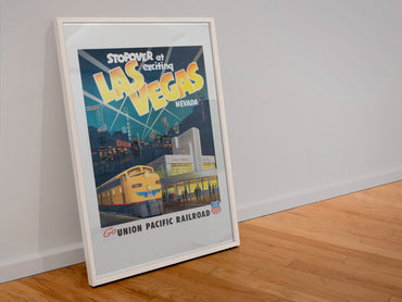 Exciting Las Vegas Union Pacific poster in a white frame leaning against a wall