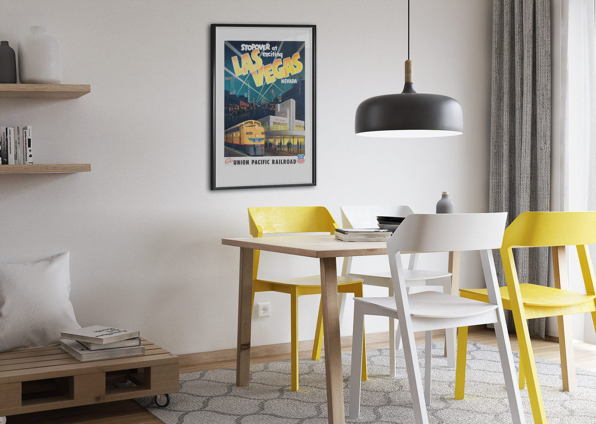 Exciting Las Vegas Union Pacific poster framed above a dining table