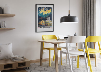 Exciting Las Vegas Union Pacific poster framed above a dining table