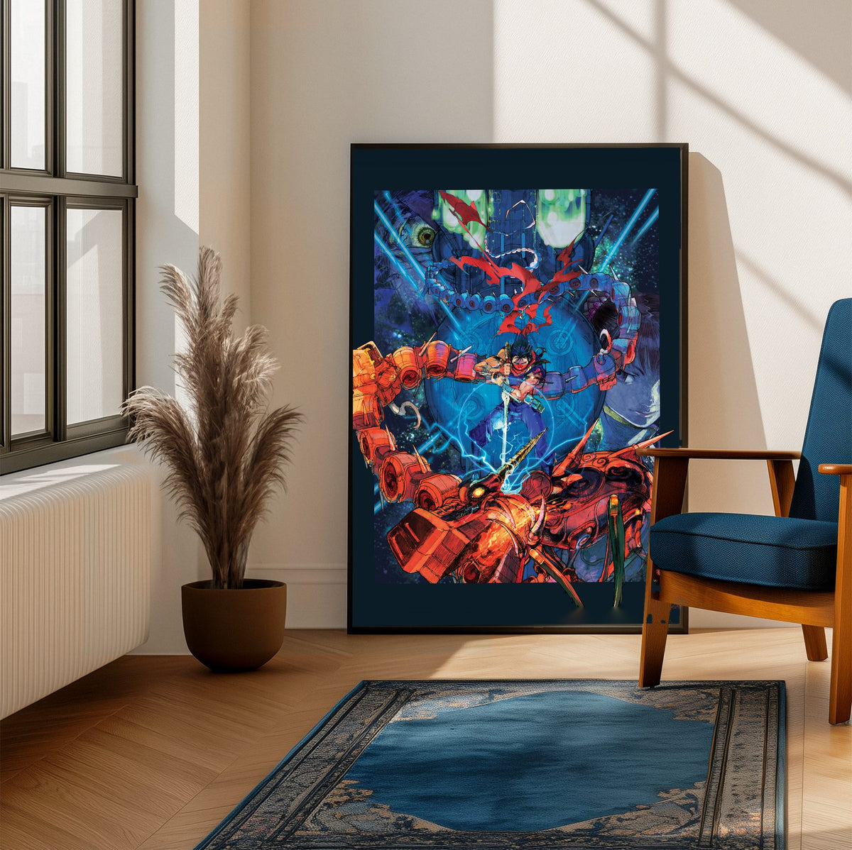 Strider 2 Key Art poster framed beside a blue armchair in a sunlit room