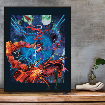 Strider 2 Key Art poster in a black frame on a wooden shelf against concrete