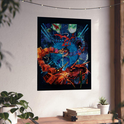 Strider 2 Key Art poster unframed on a white wall above a desk