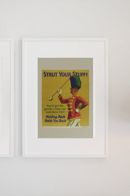 Strut Your Stuff poster in a white frame on a light wall