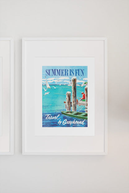 Summer is Fun Greyhound poster on a light wall