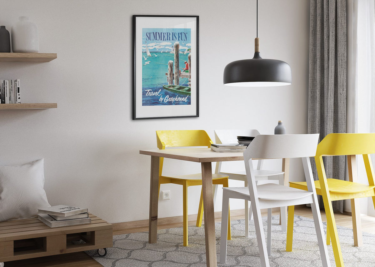 Summer is Fun Greyhound poster framed above a dining table