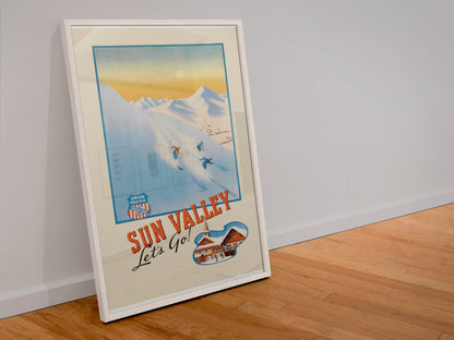 Sun Valley Union Pacific poster in a white frame leaning against a wall