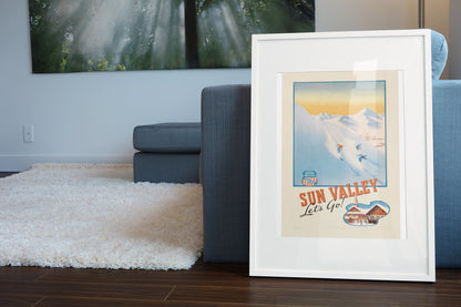 Sun Valley Union Pacific poster leaning beside a blue sofa