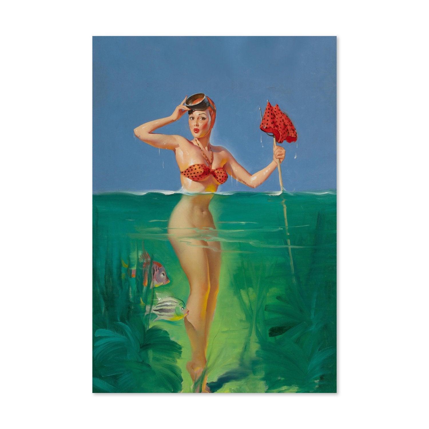 Surprising Catch by Gil Elvgren, pin-up poster — framed print
