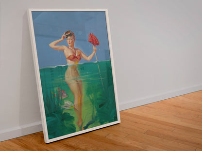 Surprising Catch by Gil Elvgren, pin-up poster — leaning frame