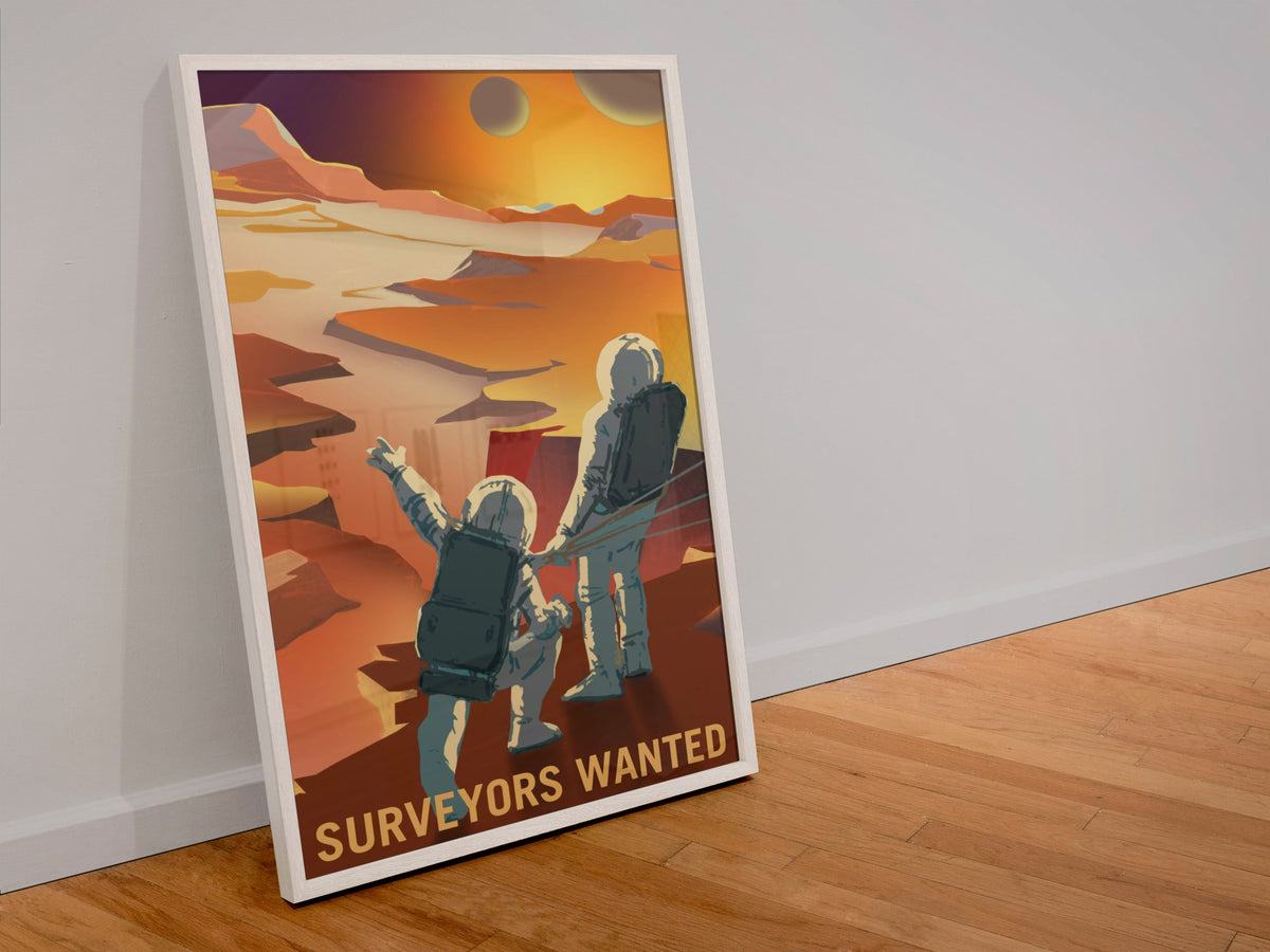 Surveyors Wanted on Mars poster in a white frame leaning against a wall
