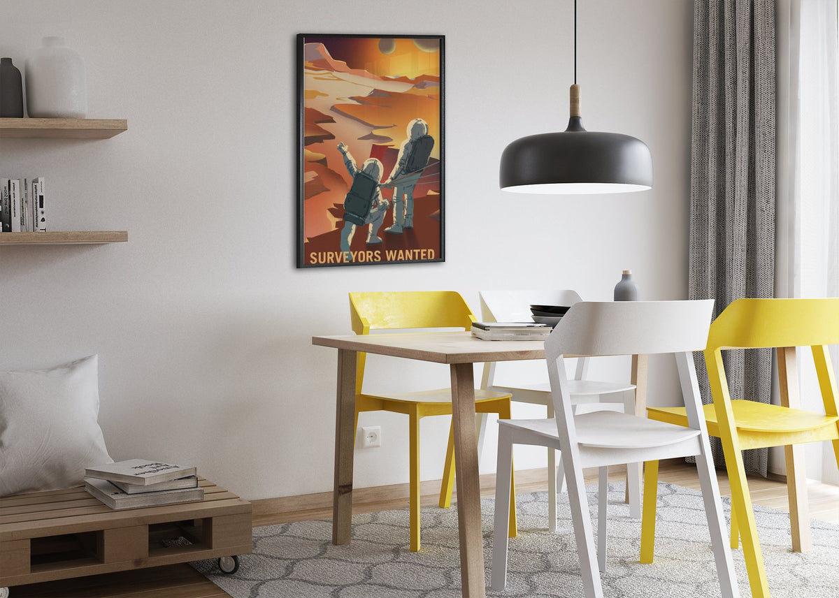 Surveyors Wanted on Mars poster framed above a dining table