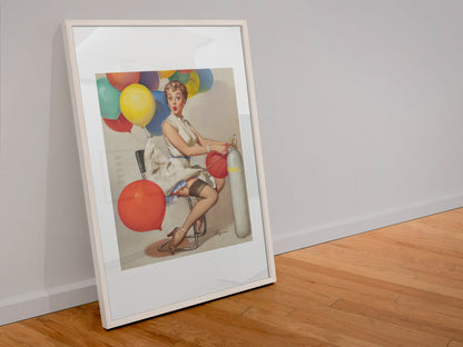 Taking Off by Gil Elvgren, pin-up poster — leaning frame