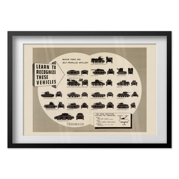 Tank and Artillery Recognition Chart poster in a black frame