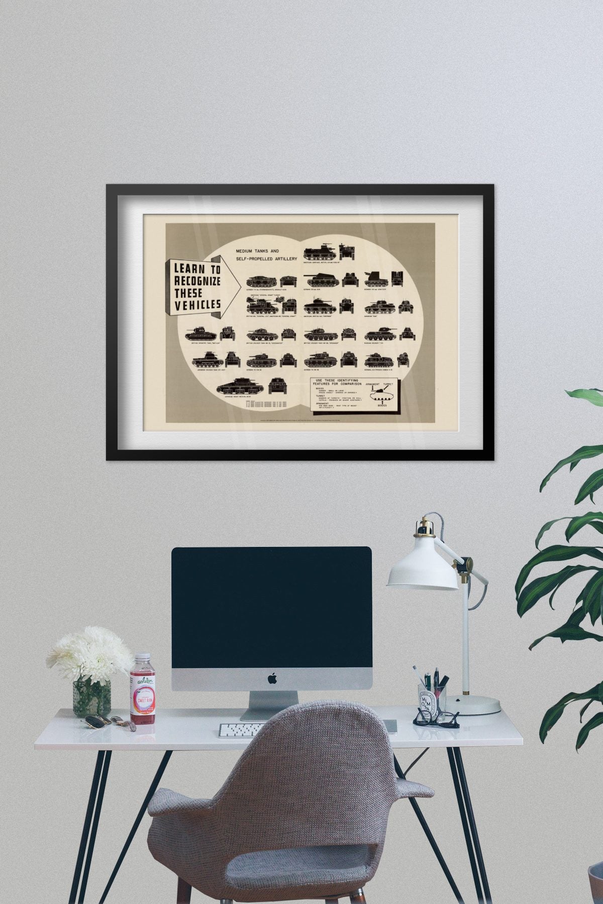 Tank and Artillery Recognition Chart poster framed on a grey wall above a desk