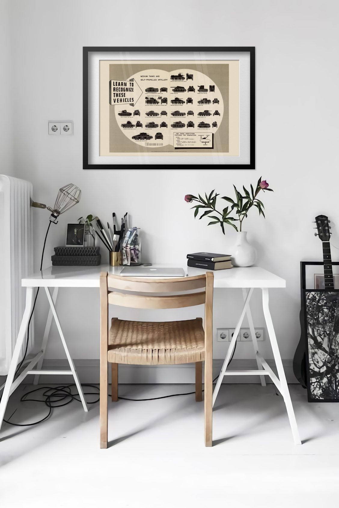Tank and Artillery Recognition Chart poster framed above a desk in a bright white room