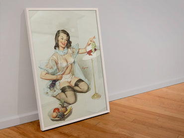 Tasteful Design by Gil Elvgren, pin-up poster — leaning frame