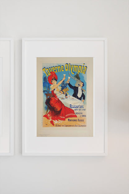 Taverne Olympia 1900 poster in a white frame on a light wall