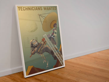 Technicians Wanted poster in a white frame leaning against a wall