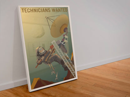 Technicians Wanted poster in a white frame leaning against a wall