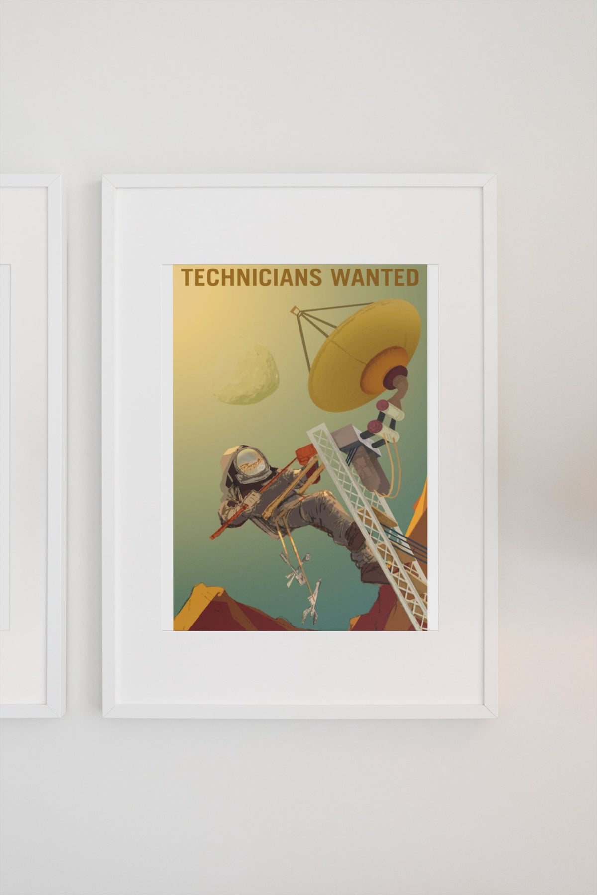 Technicians Wanted poster in a white frame on a light wall