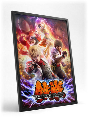 Tekken 6 Promo Art Print 1 poster in a black frame with glass leaning against a wall