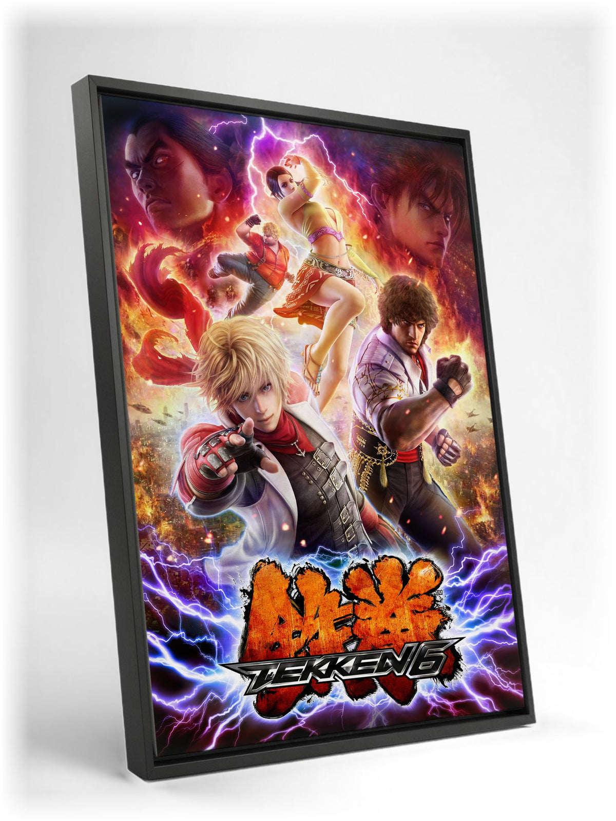 Tekken 6 Promo Art Print 1 as a black floater framed canvas leaning against a wall