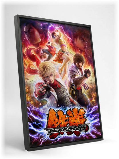 Tekken 6 Promo Art Print 1 as a black floater framed canvas leaning against a wall