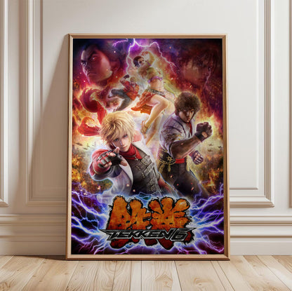 Tekken 6 Promo Art Print 1 poster in a light oak frame leaning against a white wall